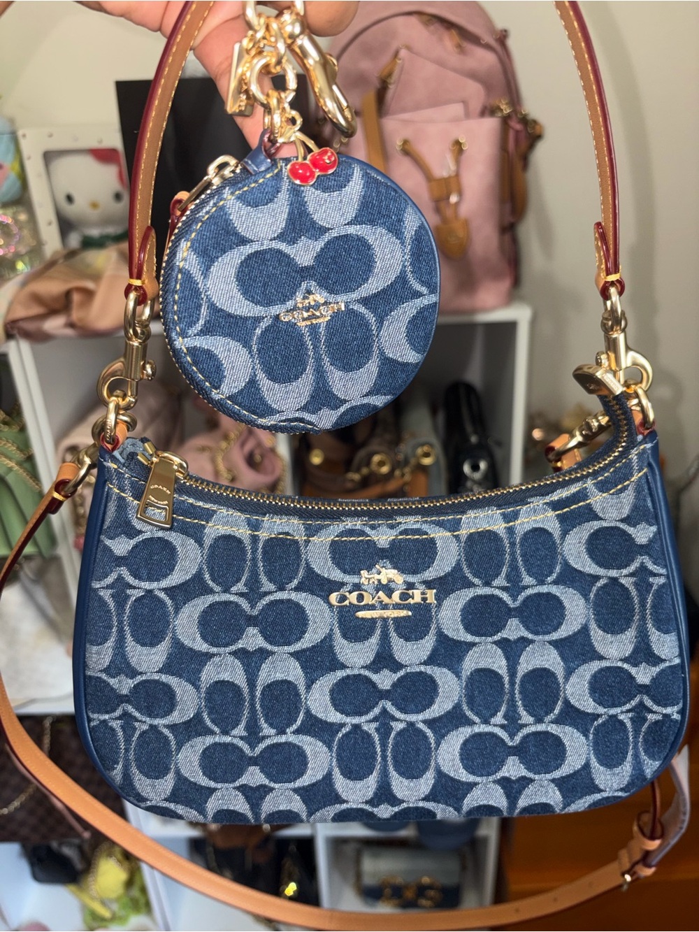 Coach Denim Signature Shoulder Bag with Coin Pouch - Blue 🍒